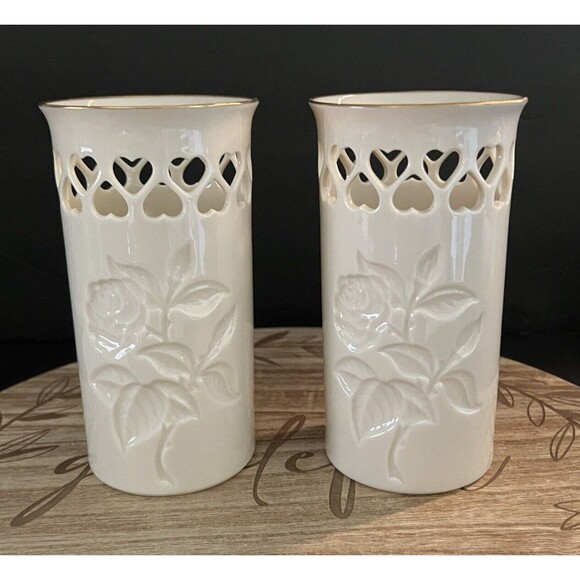 Lenox Special Collection Rose Floral Pierced Hearts 6" Vase Gold Trim Lot of 2 - Picture 1 of 9